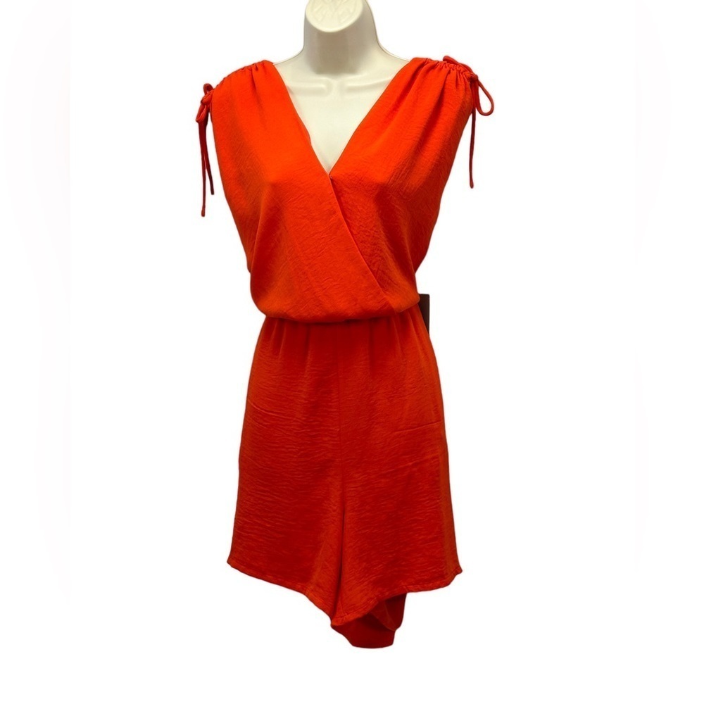 Chelsea 28 Sleeveless Rouched Shoulders V Neck Romper - Orange - size 2X